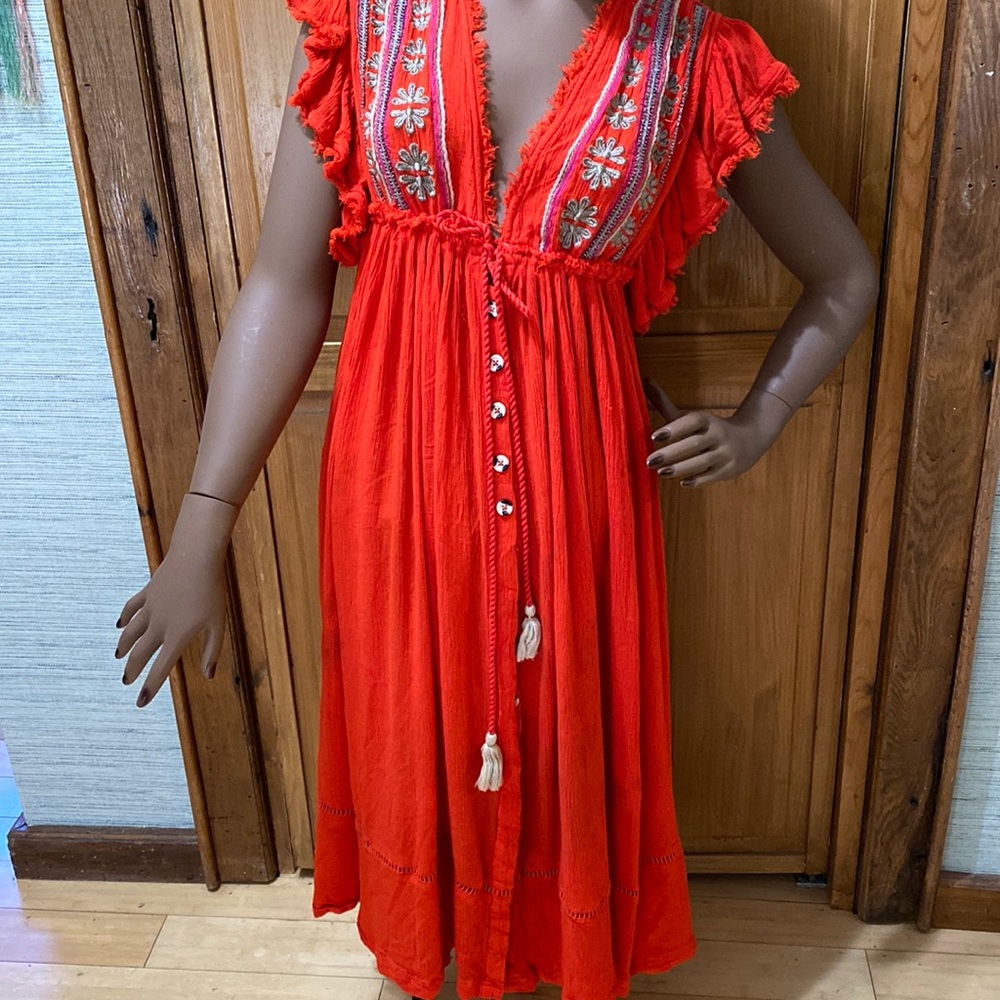 Free People red gauze dress with embroidered yoke